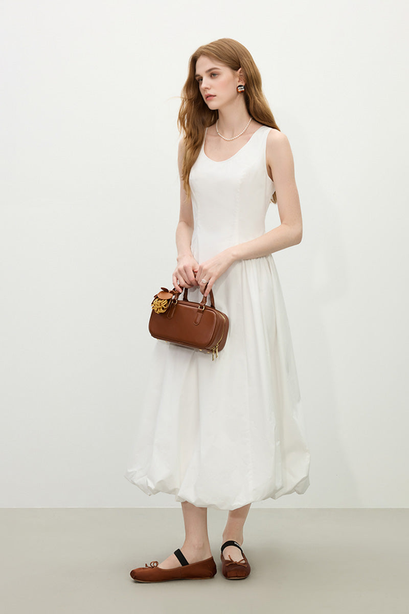 White 100 Cotton Sleeveless Scoop-Neck Bubble Midi Dress