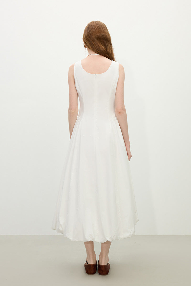 White 100 Cotton Sleeveless Scoop-Neck Bubble Midi Dress
