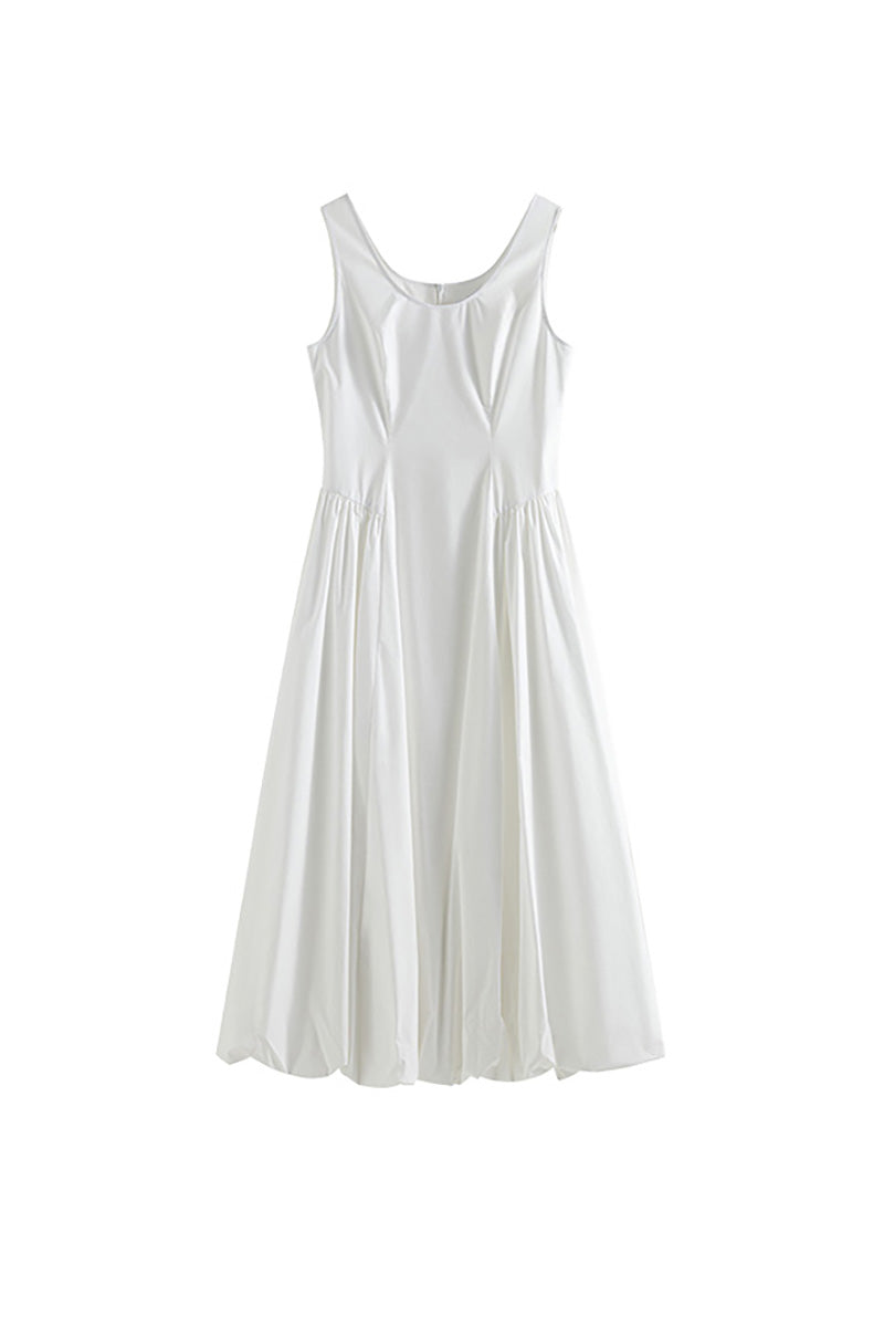 White 100 Cotton Sleeveless Scoop-Neck Bubble Midi Dress