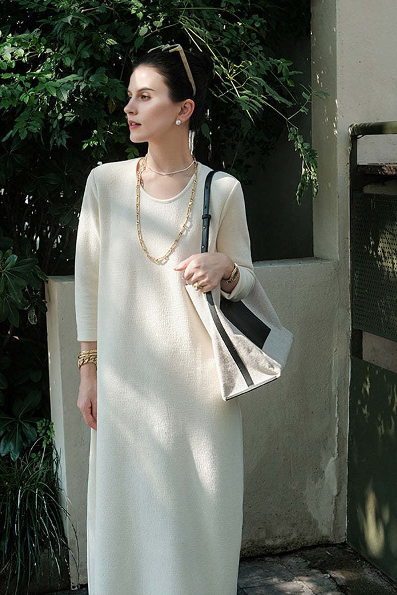 White 3/4 Sleeve Midi Shift Dress