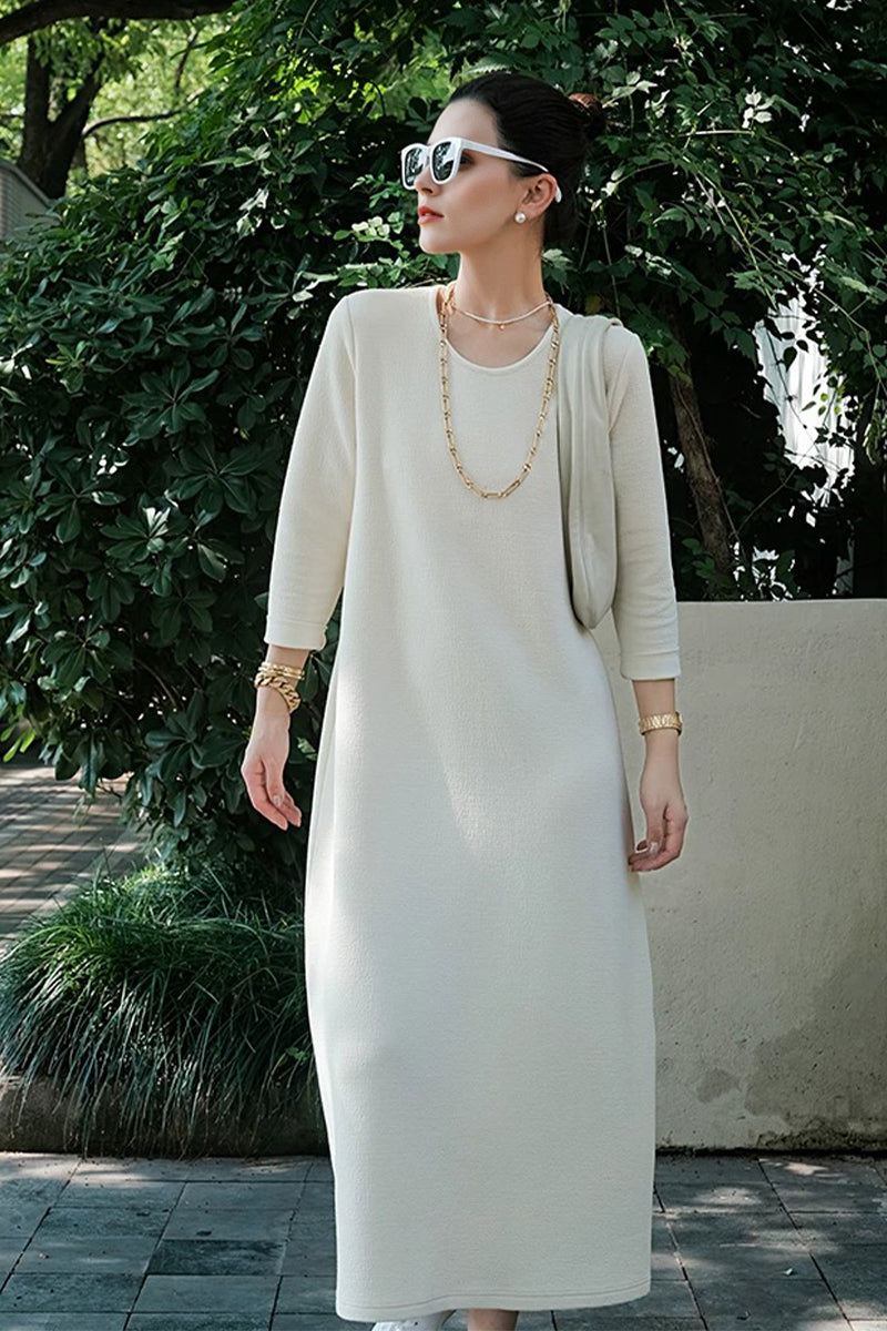 White 3/4 Sleeve Midi Shift Dress