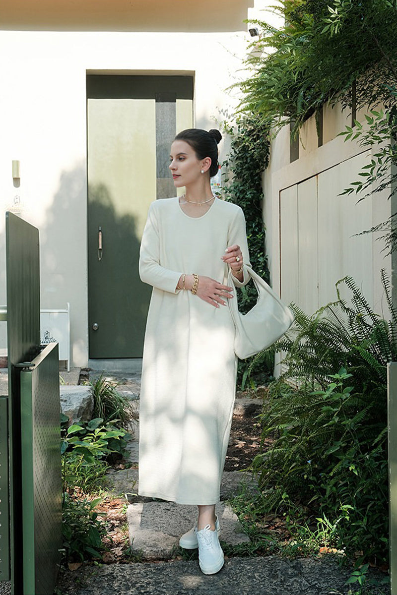 White 3/4 Sleeve Midi Shift Dress