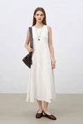 White A-Line Sleeveless Midi Dress with Raw Seams