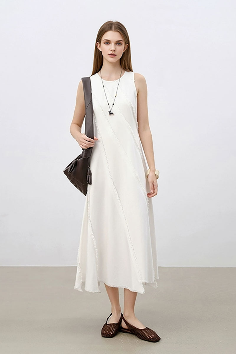 White A-Line Sleeveless Midi Dress with Raw Seams