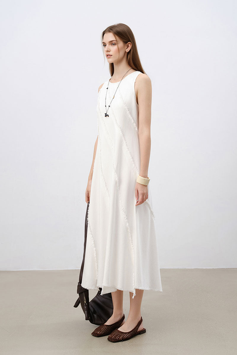 White A-Line Sleeveless Midi Dress with Raw Seams