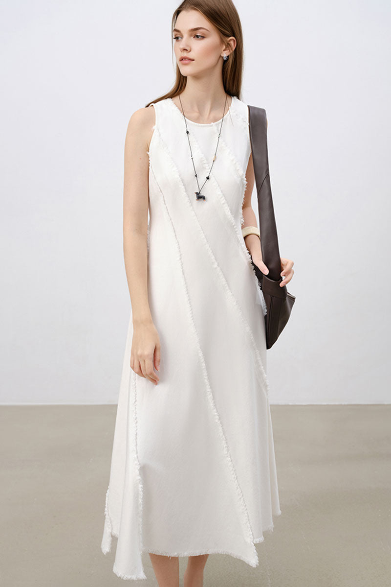 White A-Line Sleeveless Midi Dress with Raw Seams