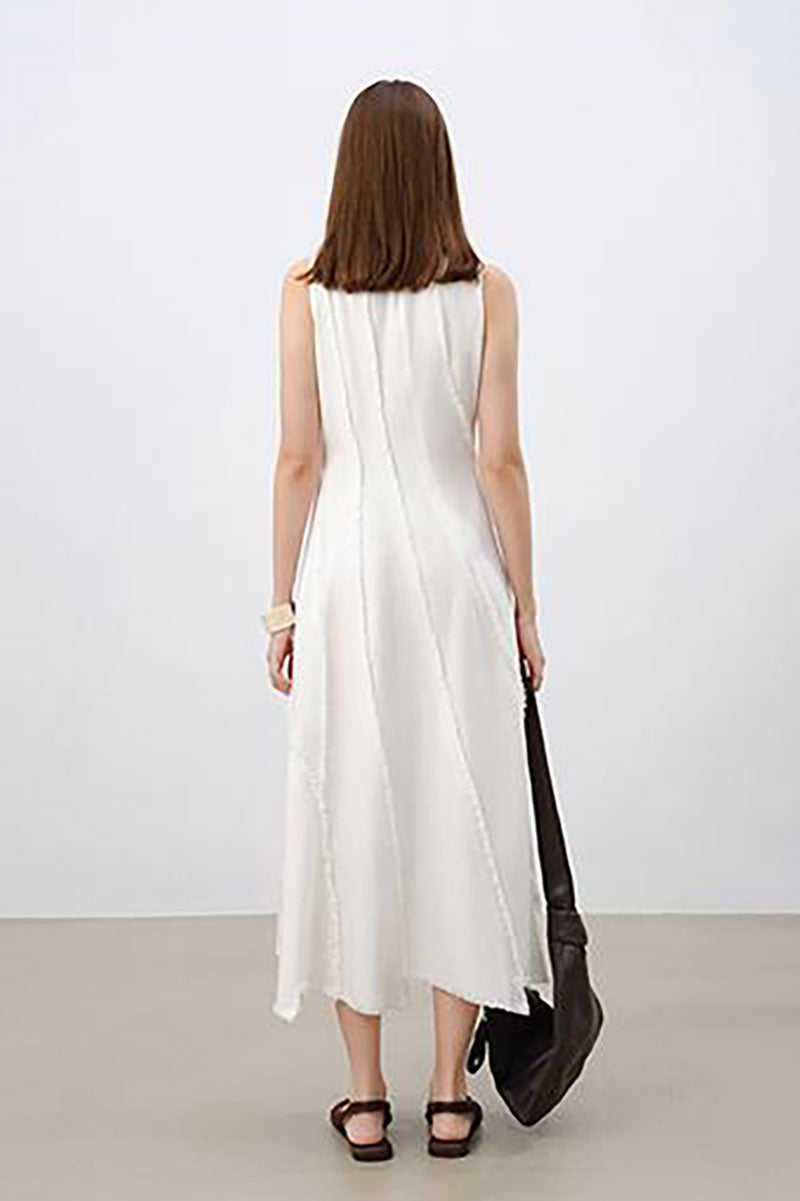 White A-Line Sleeveless Midi Dress with Raw Seams