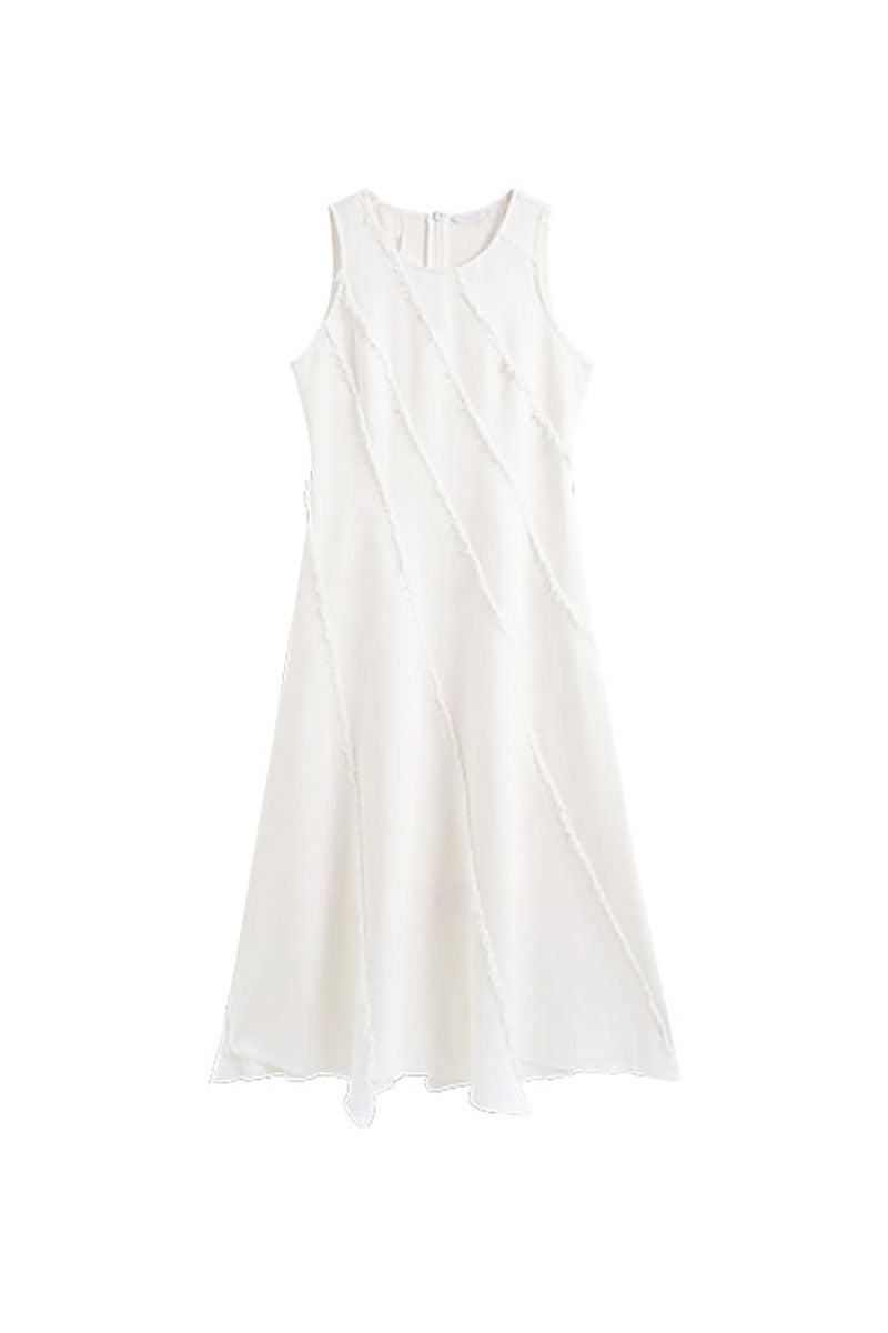 White A-Line Sleeveless Midi Dress with Raw Seams