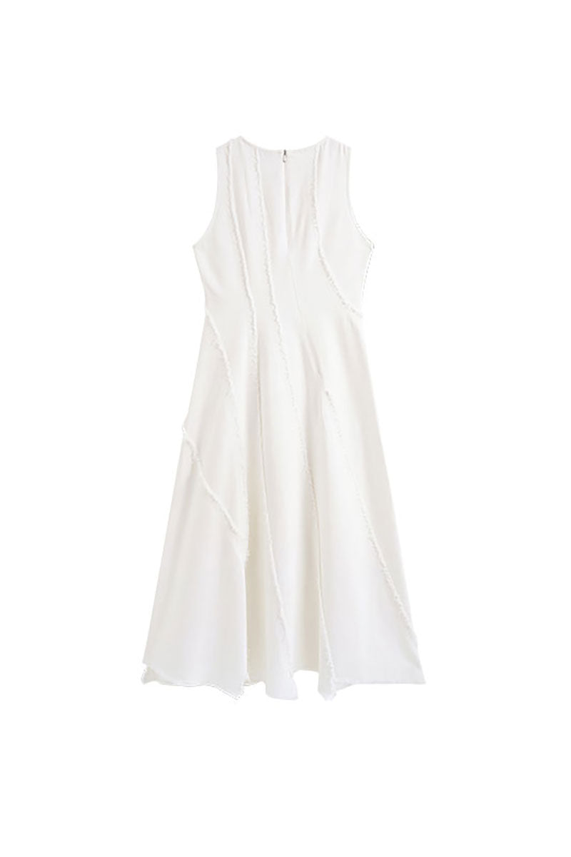 White A-Line Sleeveless Midi Dress with Raw Seams