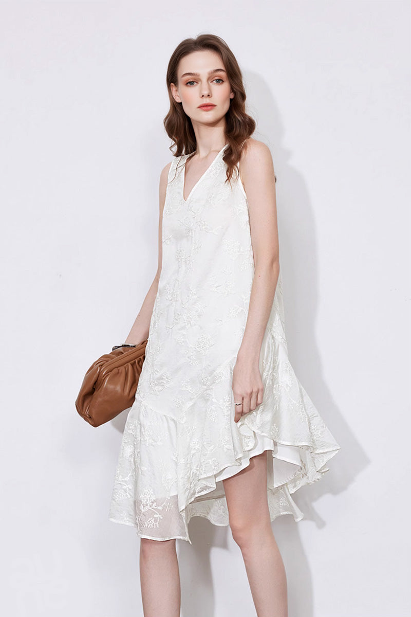 White Asymmetrical Heavy-Embroidery Sleeveless Midi Dress in Lyocell
