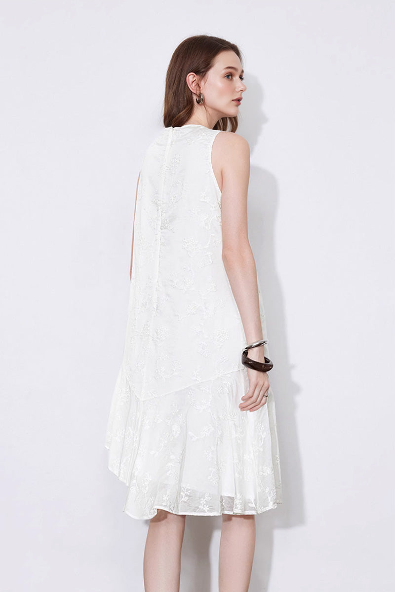 White Asymmetrical Heavy-Embroidery Sleeveless Midi Dress in Lyocell