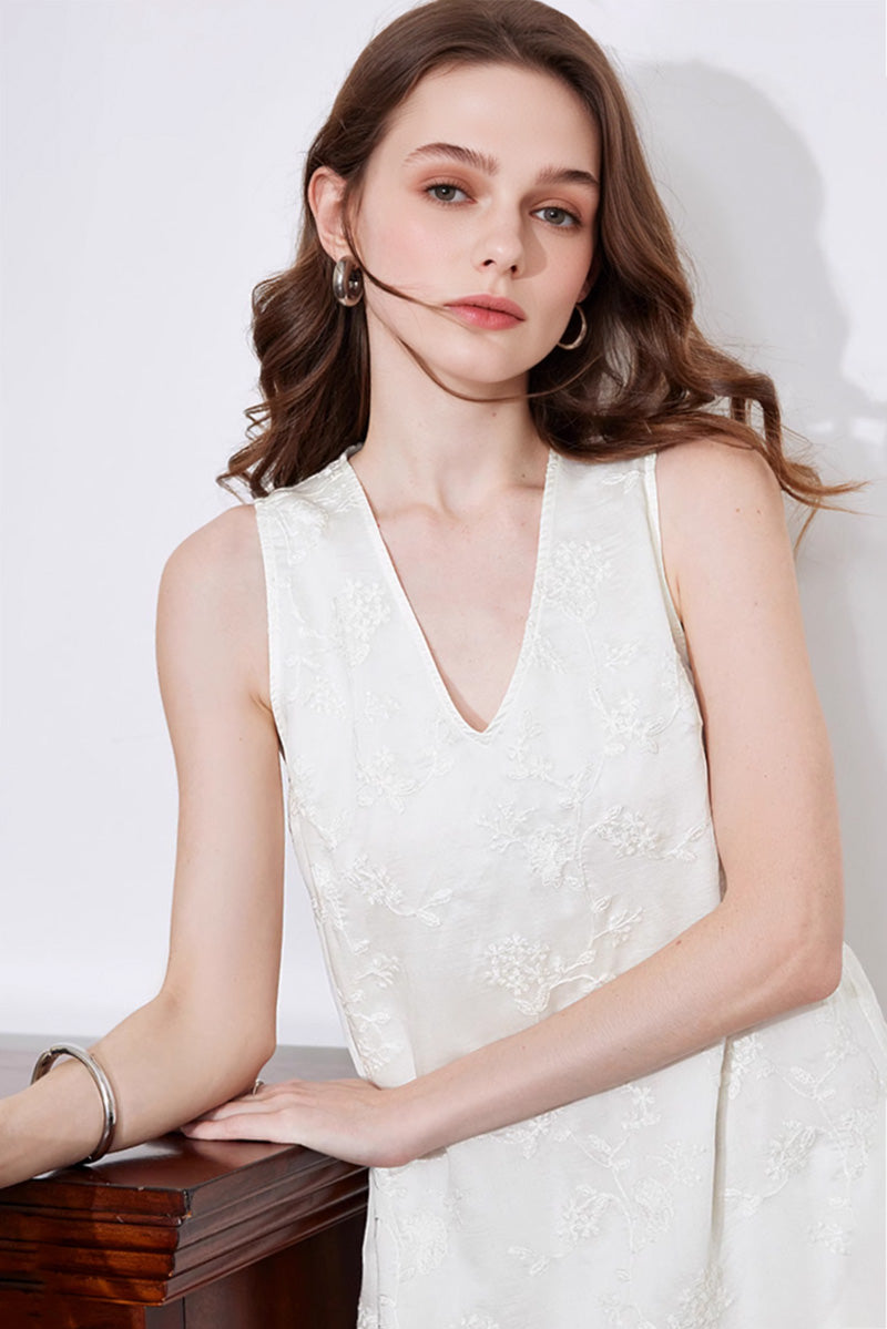 White Asymmetrical Heavy-Embroidery Sleeveless Midi Dress in Lyocell