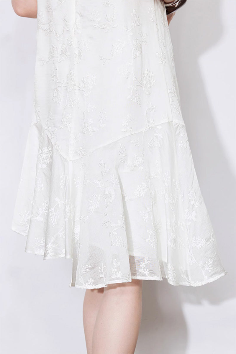 White Asymmetrical Heavy-Embroidery Sleeveless Midi Dress in Lyocell