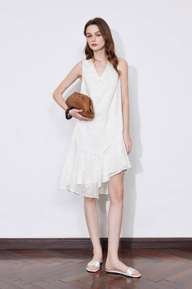 White Asymmetrical Heavy-Embroidery Sleeveless Midi Dress in Lyocell