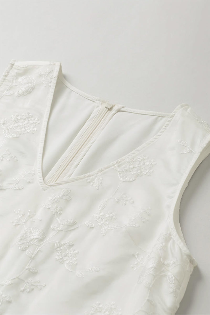 White Asymmetrical Heavy-Embroidery Sleeveless Midi Dress in Lyocell
