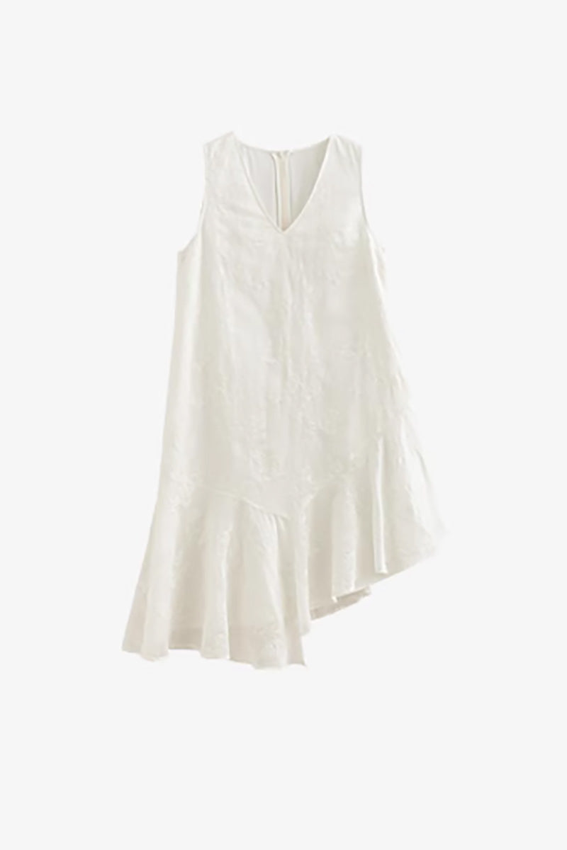 White Asymmetrical Heavy-Embroidery Sleeveless Midi Dress in Lyocell