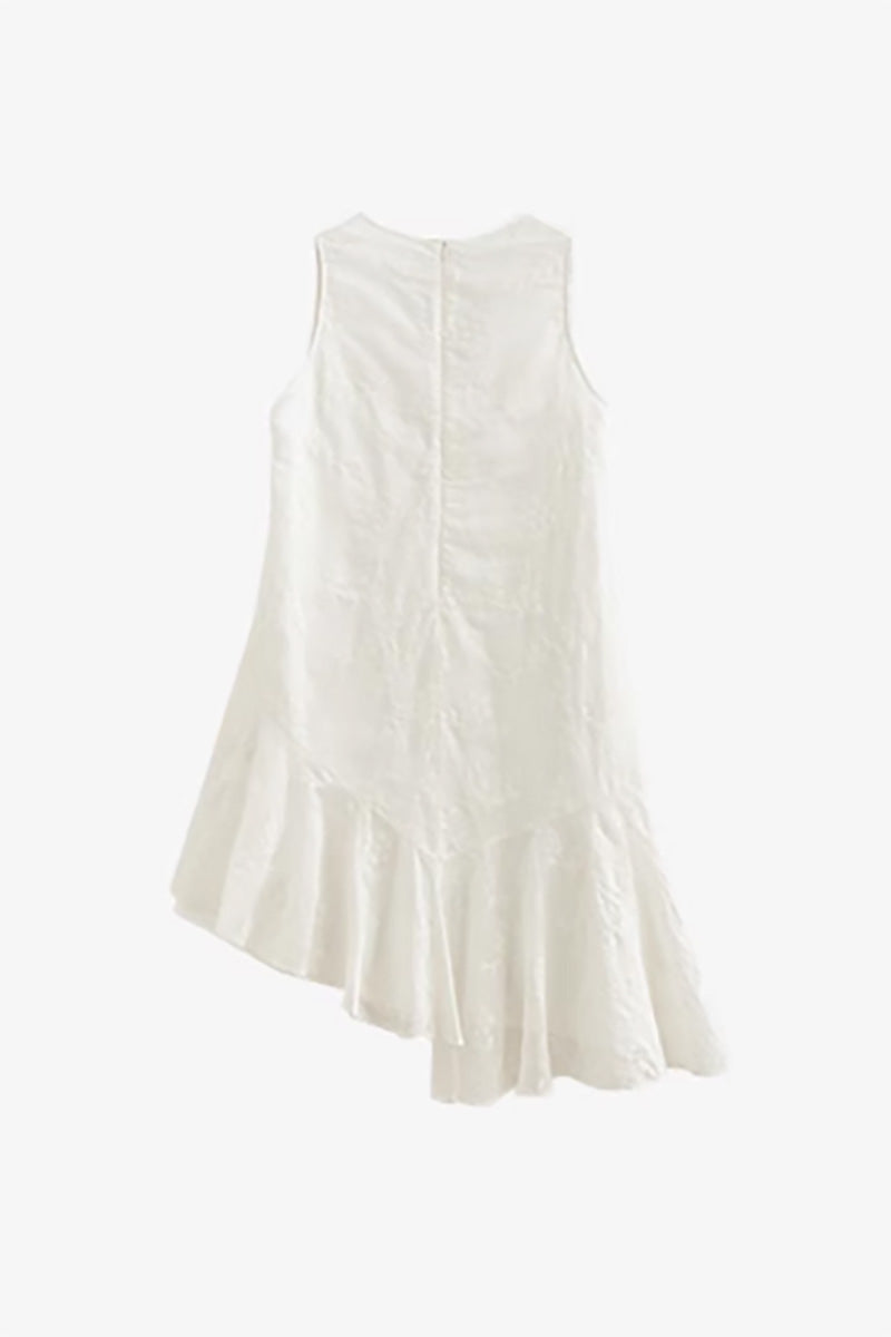 White Asymmetrical Heavy-Embroidery Sleeveless Midi Dress in Lyocell
