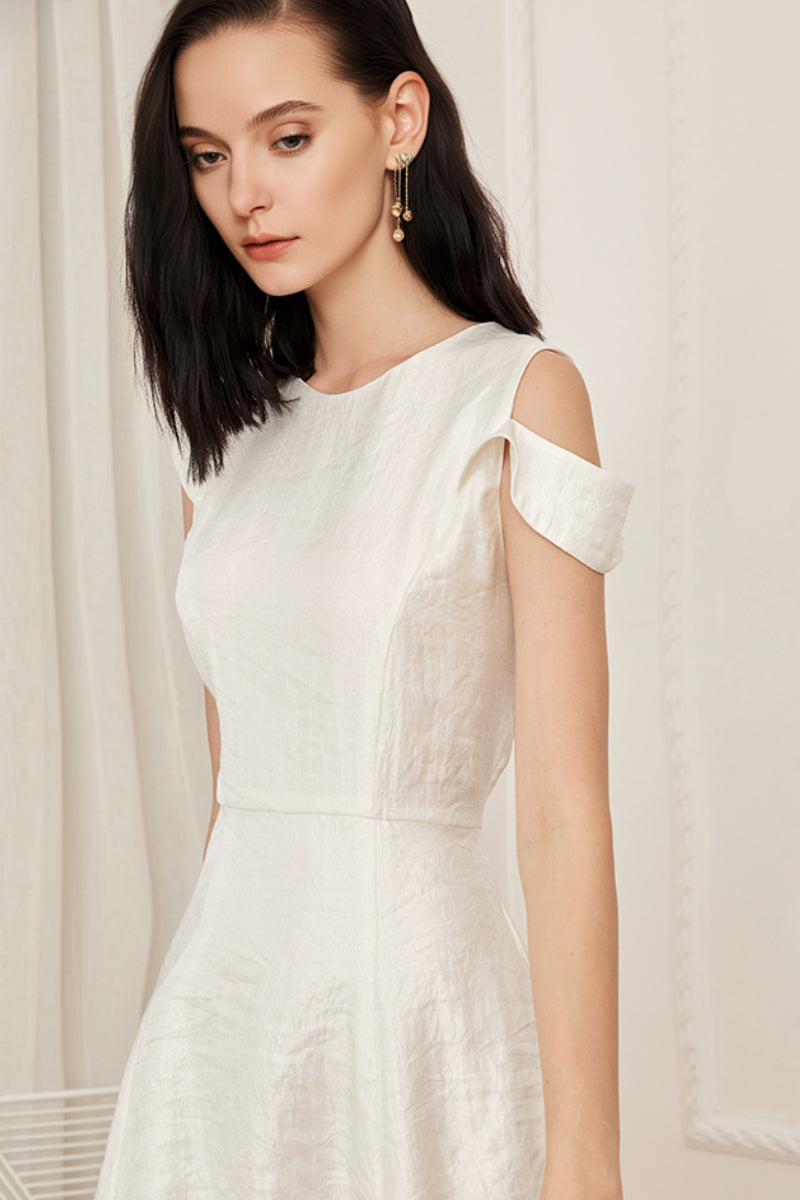 White Asymmetrical Sleeve Midi Graduation Dress