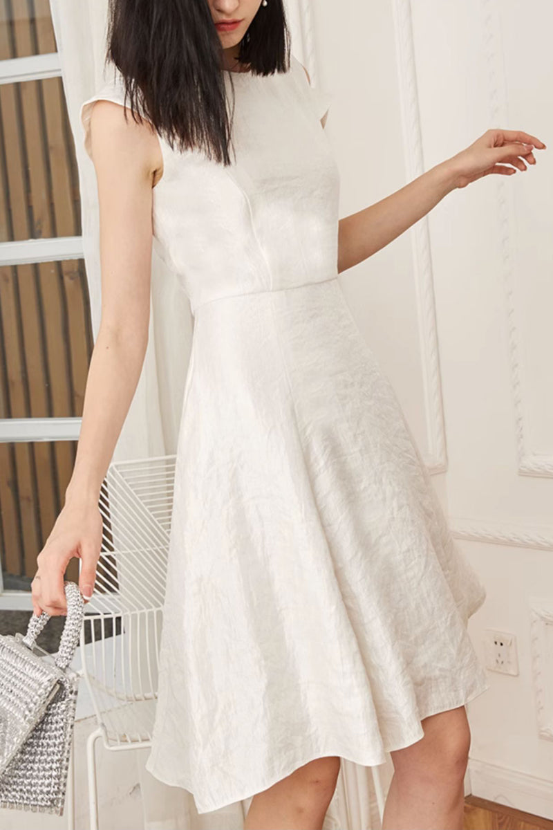White Asymmetrical Sleeve Midi Graduation Dress