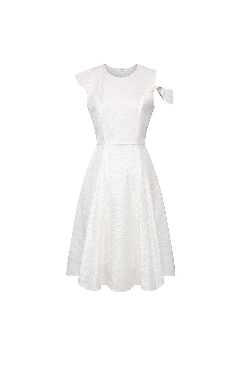 White Asymmetrical Sleeve Midi Graduation Dress