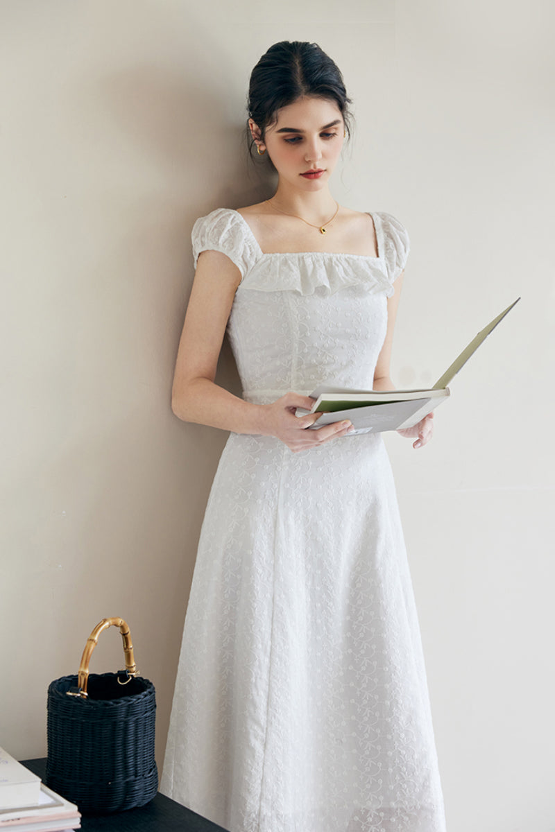 White Cotton Embroidery Off-Shoulder Midi Dress