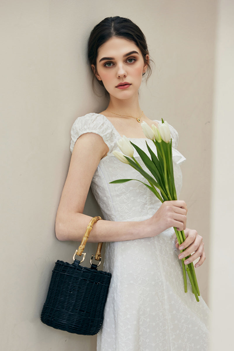 White Cotton Embroidery Off-Shoulder Midi Dress