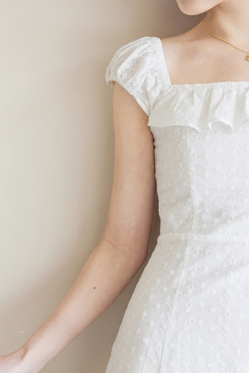 White Cotton Embroidery Off-Shoulder Midi Dress