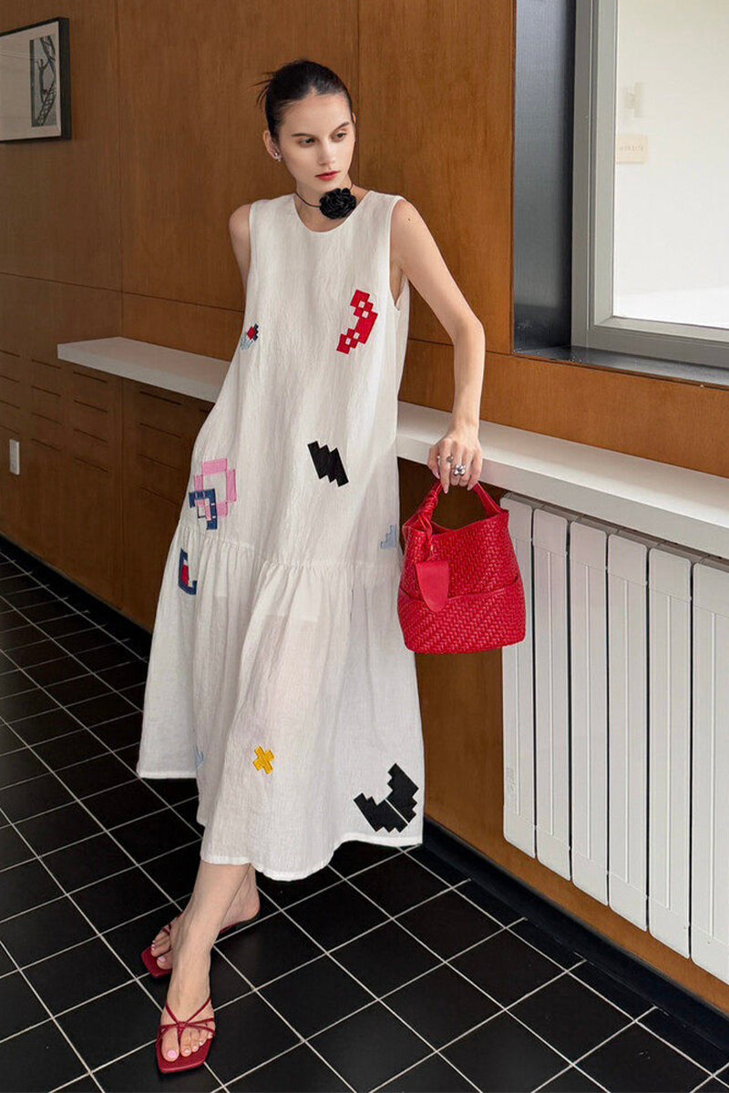 White Cotton-Linen Embroidered Sleeveless Maxi Dress
