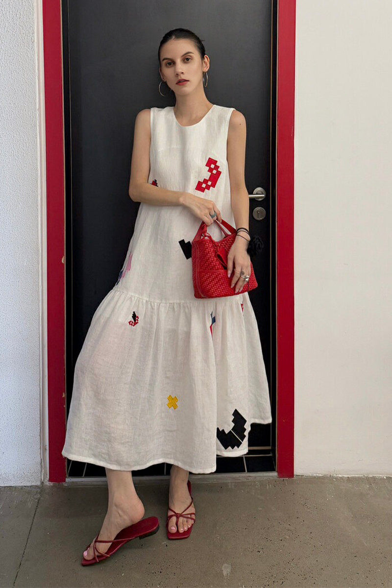 White Cotton-Linen Embroidered Sleeveless Maxi Dress