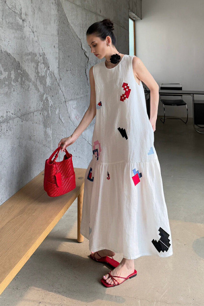 White Cotton-Linen Embroidered Sleeveless Maxi Dress