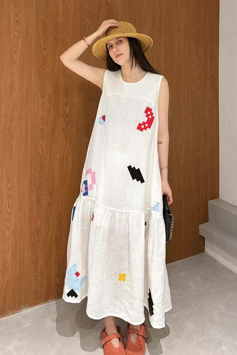 White Cotton-Linen Embroidered Sleeveless Maxi Dress