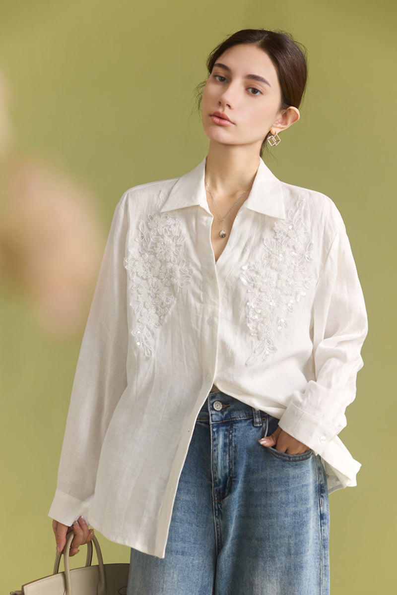 White Long-Sleeve Button-Up Shirt with Beaded Embroidery