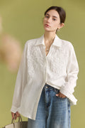 White Long-Sleeve Button-Up Shirt with Beaded Embroidery