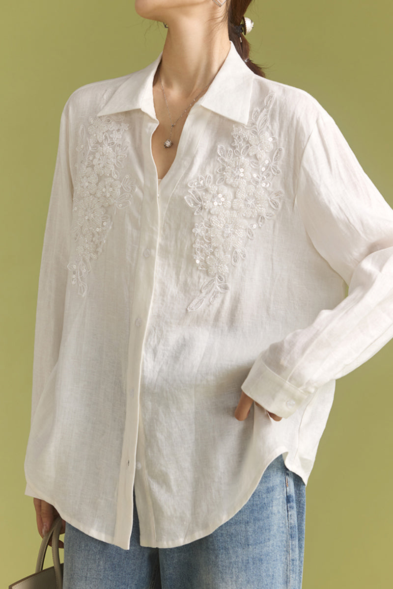 White Long-Sleeve Button-Up Shirt with Beaded Embroidery