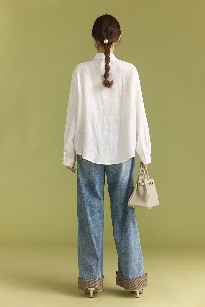 White Long-Sleeve Button-Up Shirt with Beaded Embroidery