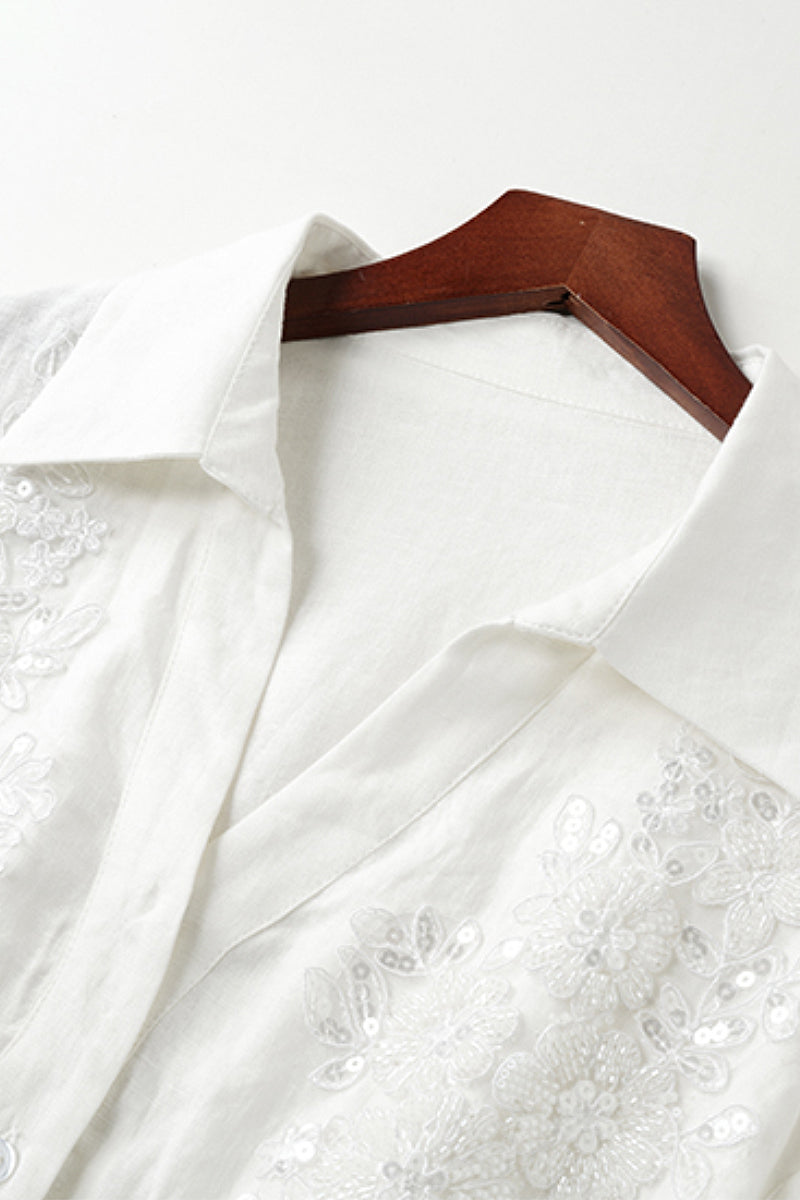 White Long-Sleeve Button-Up Shirt with Beaded Embroidery
