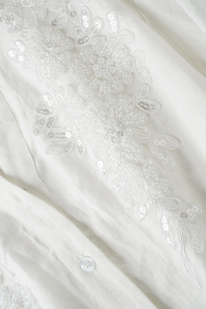 White Long-Sleeve Button-Up Shirt with Beaded Embroidery