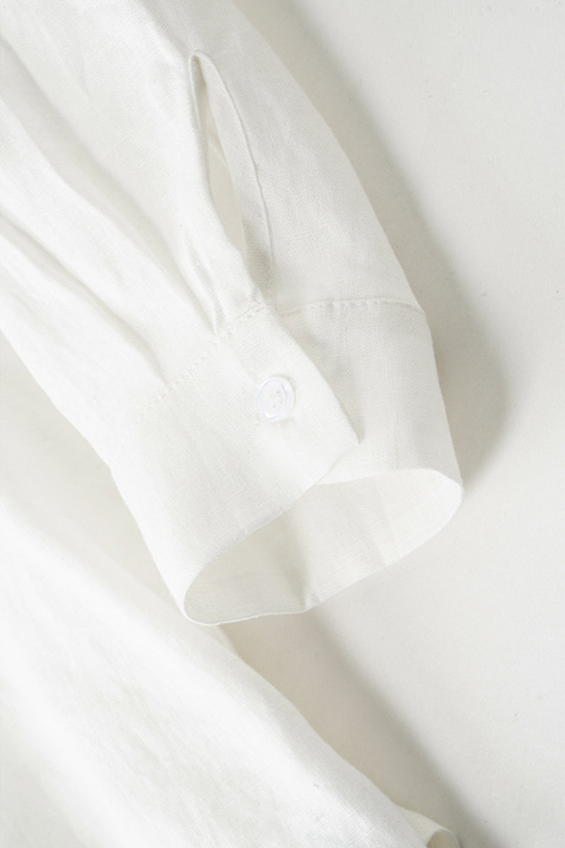 White Long-Sleeve Button-Up Shirt with Beaded Embroidery