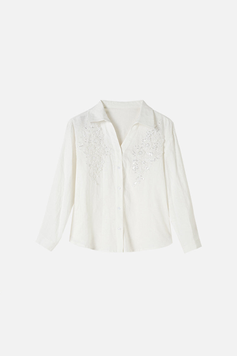 White Long-Sleeve Button-Up Shirt with Beaded Embroidery