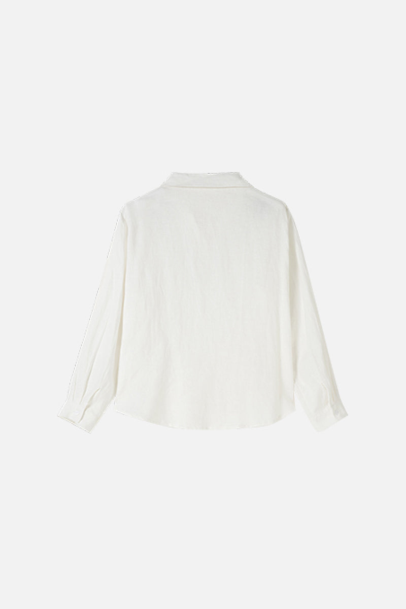 White Long-Sleeve Button-Up Shirt with Beaded Embroidery
