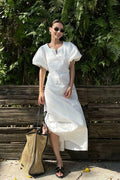 White Cotton Puff Sleeve A-Line Maxi Dress