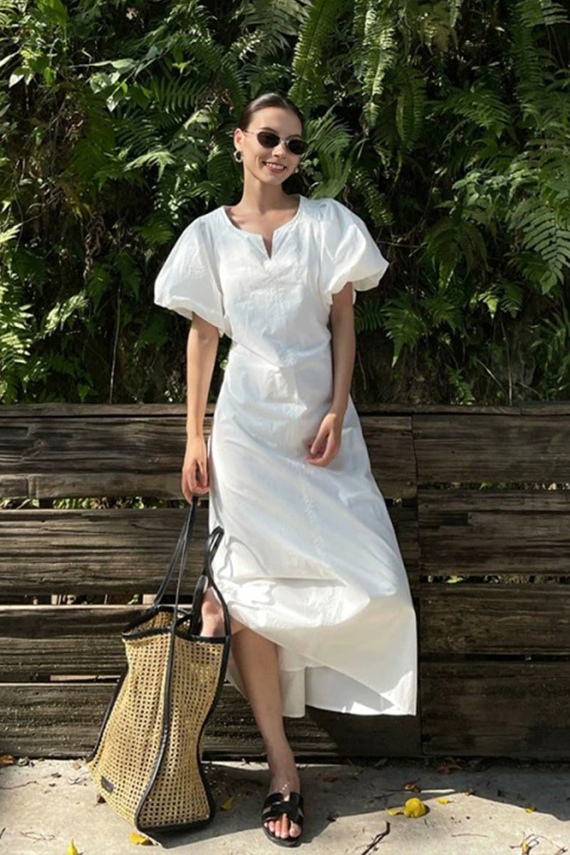 White Cotton Puff Sleeve A-Line Maxi Dress