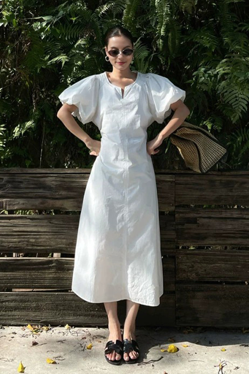 White Cotton Puff Sleeve A-Line Maxi Dress