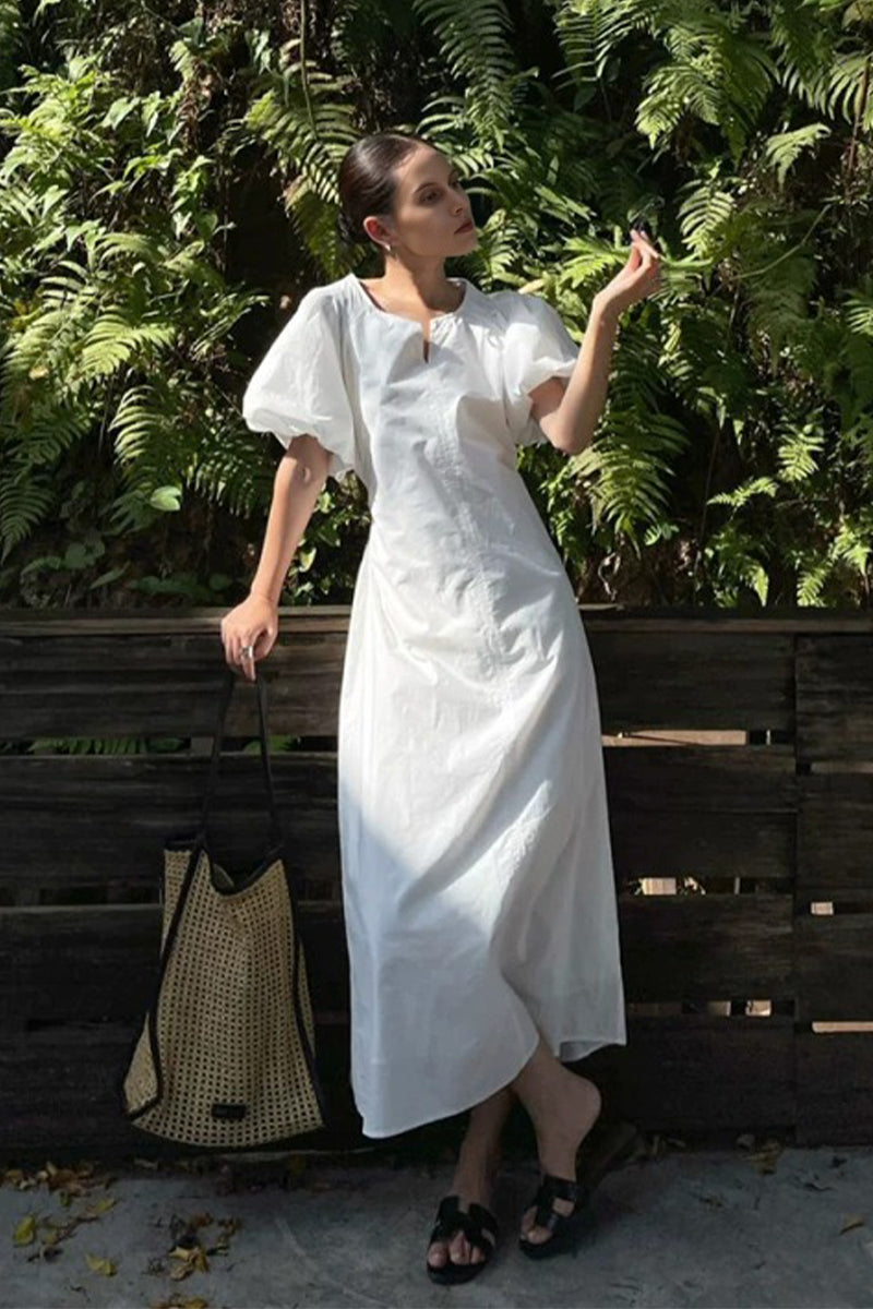 White Cotton Puff Sleeve A-Line Maxi Dress