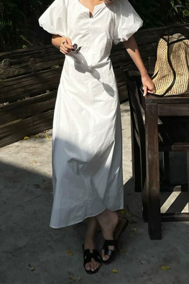 White Cotton Puff Sleeve A-Line Maxi Dress