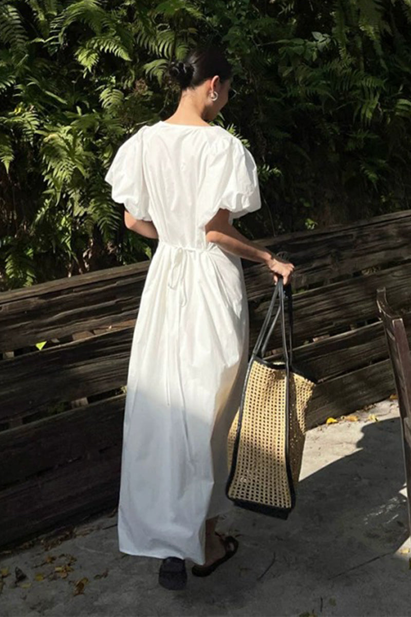White Cotton Puff Sleeve A-Line Maxi Dress