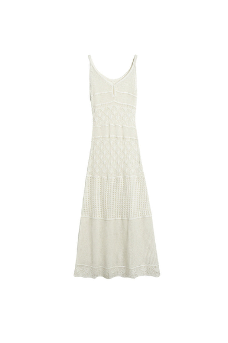 White Crochet V-Neck Sleeveless Midi Dress