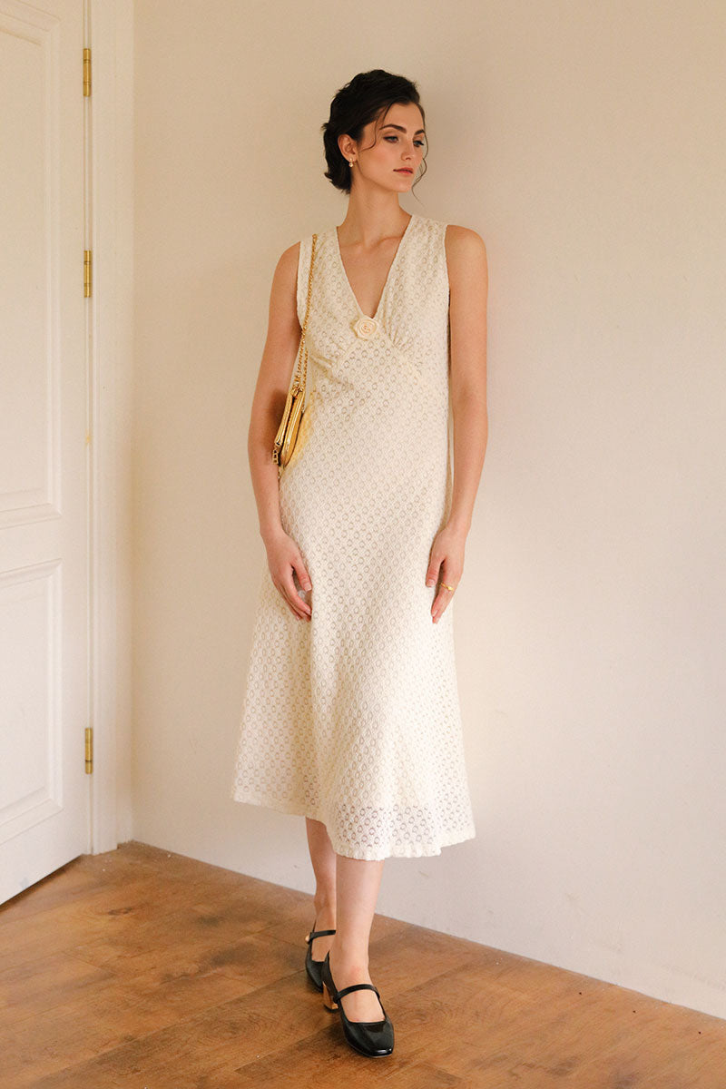 White Embroidered Lace Midi Dress with Detachable Brooch
