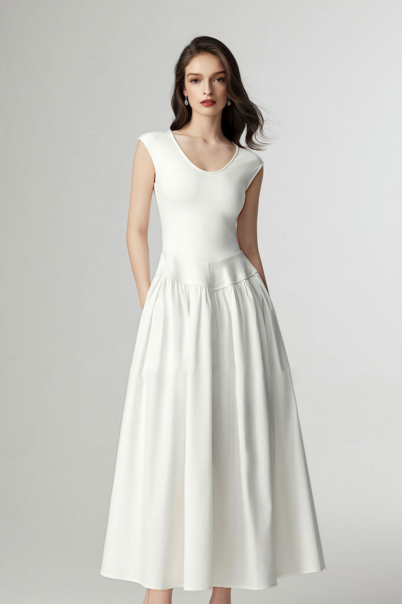 White Fit & Flare Cap-Sleeve Scoop-Neck Midi Dress