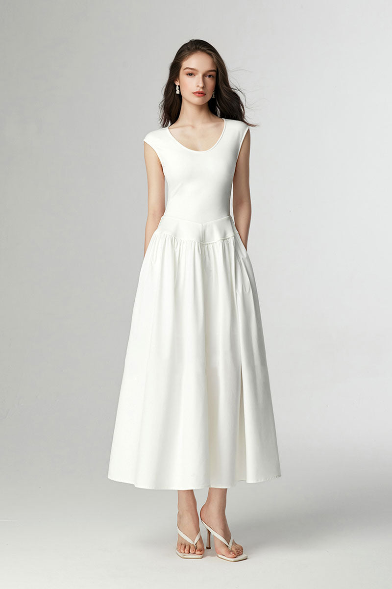 White Fit & Flare Cap-Sleeve Scoop-Neck Midi Dress